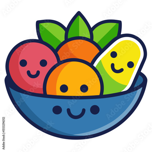 Cute cartoon bowl of happy fruits and vegetables with smiling faces
