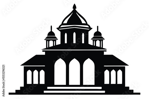 Elegant Black Building Silhouette with Domes, Arches, and Steps Depicted as Vector Graphic