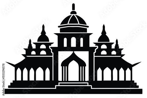 Silhouette Illustration of an Ornate AsianInspired Building with Domed Roof and Arches