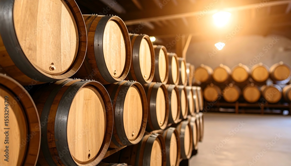 Classic cellar full of wooden beer casks under warm moody lighting Classic cellar full of wooden beer casks under warm moody lighting