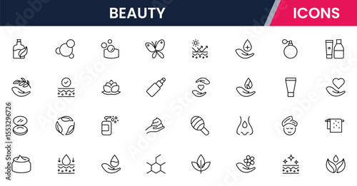 Vector line icons of skincare, makeup, spa, cosmetics, haircare, beauty tools, wellness, and self-care perfect for websites, apps, and branding.