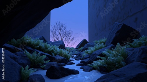 A serene view from inside a narrow gorge with a lone tree silhouetted against the dusk sky. A concept of tranquility, nature's solitude, and peace