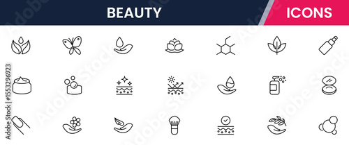 Vector line icons of skincare, makeup, spa, cosmetics, haircare, beauty tools, wellness, and self-care perfect for websites, apps, and branding.