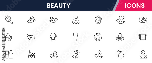 Vector line icons of skincare, makeup, spa, cosmetics, haircare, beauty tools, wellness, and self-care perfect for websites, apps, and branding.