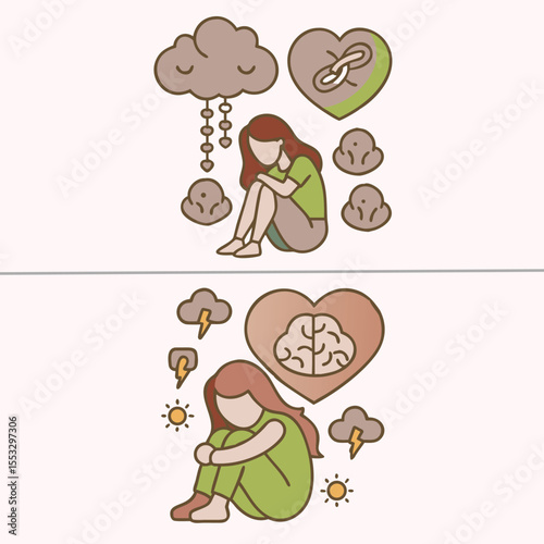 Depressed woman sitting under rain clouds mental health illustration, lonely girl with brain and heart icons depression awareness vector