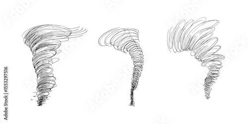 Black and white tornado outline vector sketch in energetic pen strokes. Abstract ink art of swirling wind motion in hurricane for logos, posters and sci fi themes. Spiral minimalist line illustration. photo
