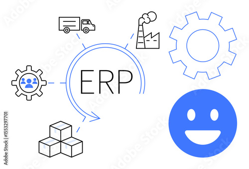 Central ERP with factory, truck, people, gear, happy face, and boxes. Ideal for processes, automation, software business management collaboration workflow simple landing page