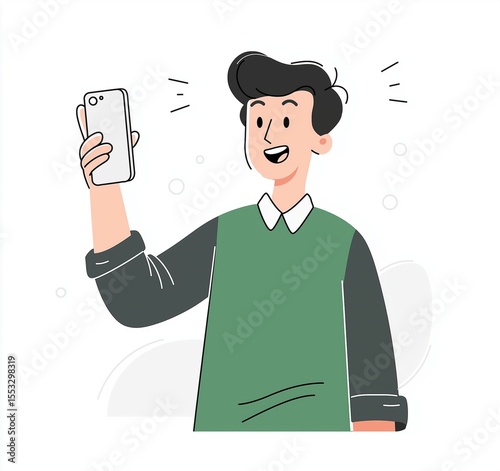A cheerful young person smiles at their phone, communicating with friends online. A flat vector illustration for social media, connection, and technology
