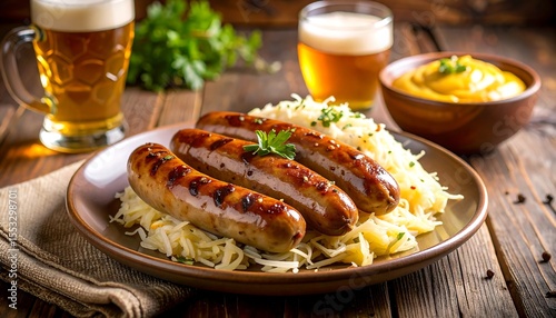 Rustic food composition with sausages, sauerkraut, and mustard in folk-style dish