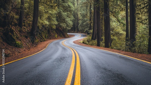 Winding road through redwood forest
