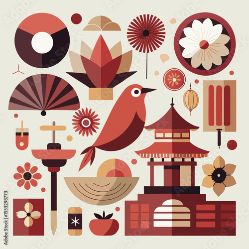 Stylized japanese cultural elements featuring a bird and pagoda in geometric design