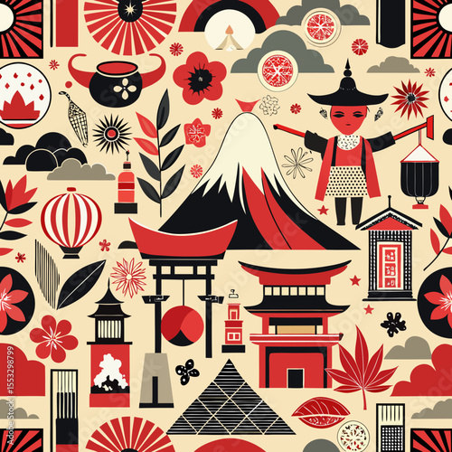 Vibrant japanese cultural symbols and icons arranged in a seamless pattern