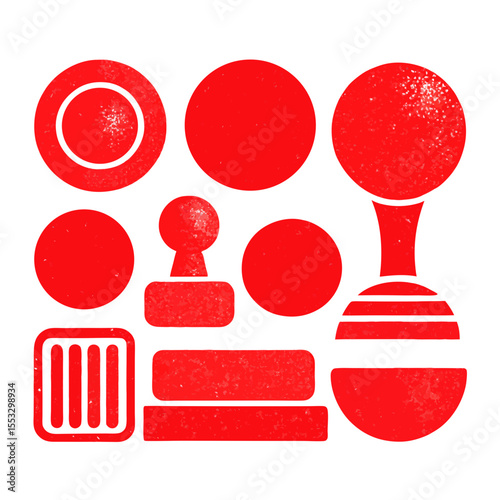 Collection of various red rubber stamps with textured grunge effect on white background