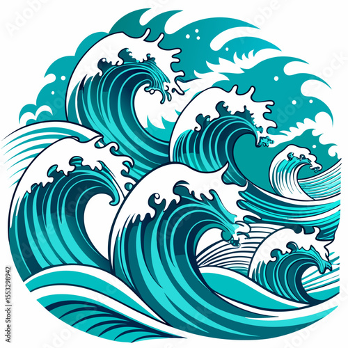 Stylized illustration of powerful turquoise ocean waves crashing in a circular pattern