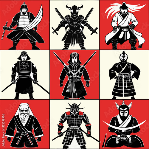 Collection of nine diverse samurai warriors in traditional armor and weapons
