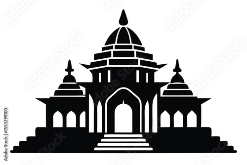 Black Silhouette of a Traditional Hindu Temple with Steps and Domes Architecture