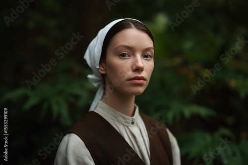 A beautiful and natural historical portrait of a young woman in simple, traditional, working-class clothing looking calmly at the camera in the woods