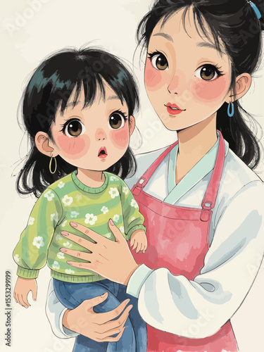 Japanese one year old boy with big eyes Her hair is long and a little wavy