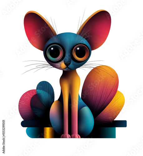 a stylized, colorful cat with large, expressive eyes and exaggerated features. The cat is surrounded by vibrant, abstract shapes in shades of blue, pink, and orange. The background is dark.