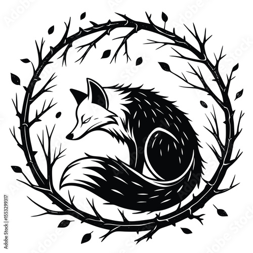 cunning fox curled tightly Detailed wildlife vector illustration of animals in silhouette clip art style with clean outlines perfect for creative digital downloads crafting tattoo stencils and graphic