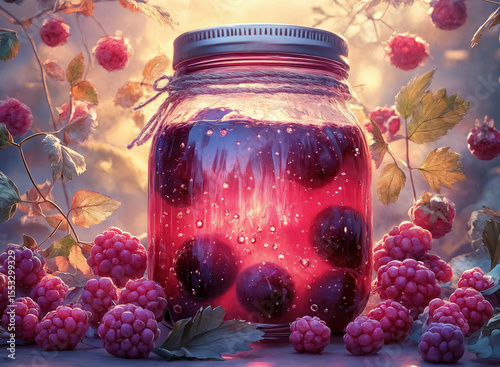 Autumnal scene featuring a jar of fruit preserves, surrounded by fresh raspberries.