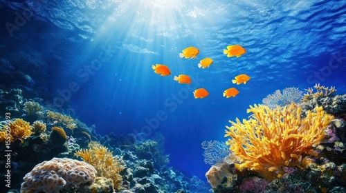 Underwater coral reef teeming with vibrant orange fish. Sunlight beams through the water