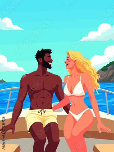 young couple american black muscular man and a blond bombshell laughing on deck cruising along the French Riviera