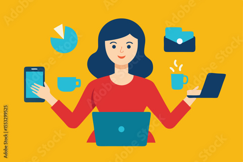 Busy woman multitasking work laptop phone coffee chart