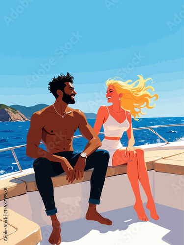 young couple american black muscular man and a blond bombshell laughing on deck cruising along the French Riviera