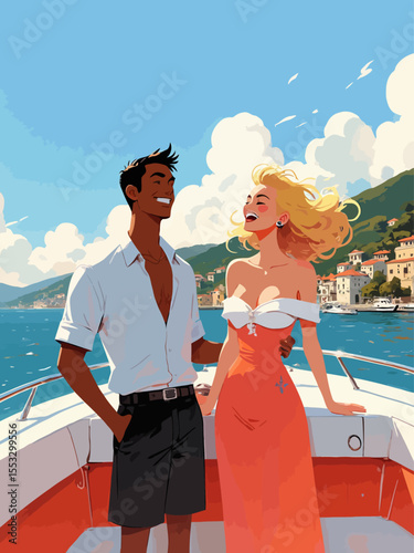 young couple american black muscular man and a blond bombshell laughing on deck cruising along the French Riviera