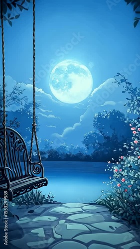 Romantic moonlit garden with wrought iron swing, blooming red roses, and stone path under serene night sky by the lake