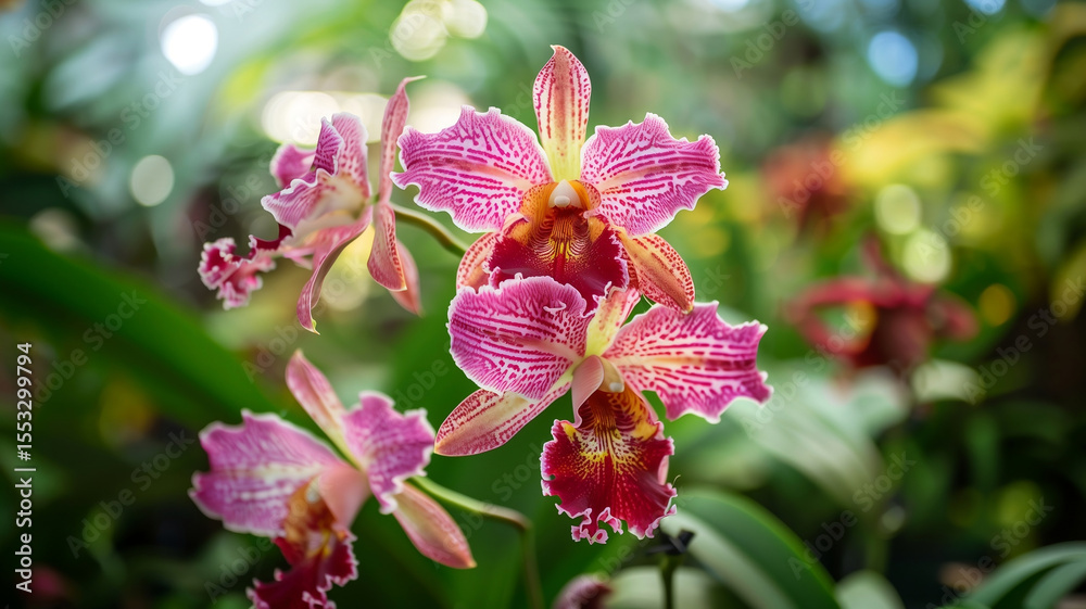 Obraz premium Pink orchid blossoms flourish in a vivid tropical landscape, representing the elegance and diversity of Indonesian flora.