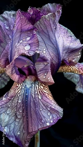 Purple iris flower with delicate water droplets on petals against a dark background, highlighting vibrant color and intricate details