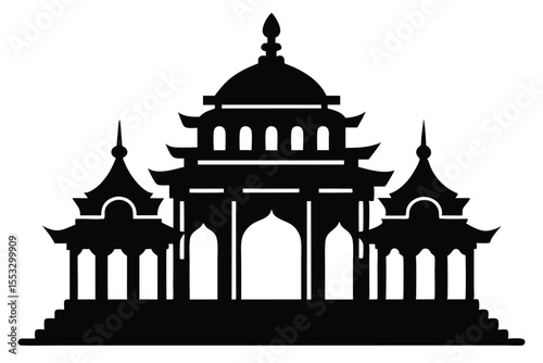 Silhouette of an Asian Inspired Temple with Ornate Architecture and Multiple Levels