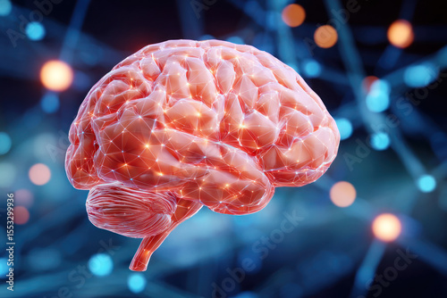 Human brain with glowing neural connections, showcasing intricate details and vibrant colors against a blurred background of digital nodes and lights