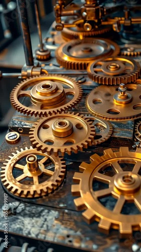 Intricate arrangement of interlocking brass gears and cogs on an old machinery surface demonstrating mechanical engineering precision