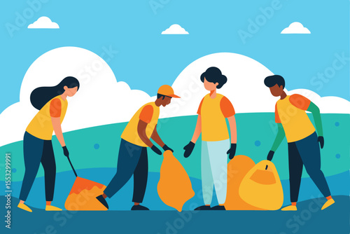 Diverse group of volunteers cleaning up park environment community teamwork