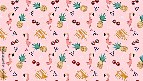Pink Flamingo Pineapple Tropical Summer Pattern Design Repeat Texture Background Wallpaper Print