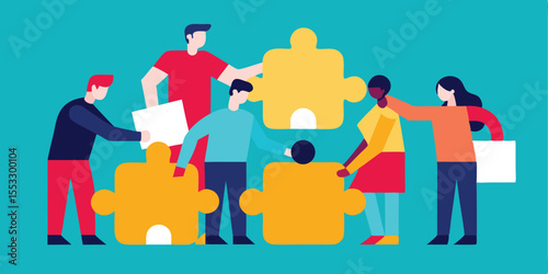 Diverse team collaborating solving puzzle teamwork success