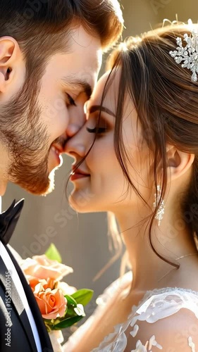 Romantic bride and groom embrace on wedding day, smiling with eyes closed, holding delicate rose bouquet, outdoor celebration