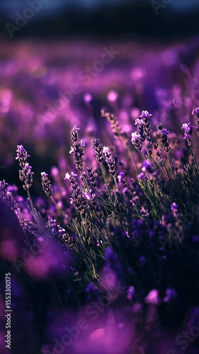 Close up of vibrant purple lavender flowers blooming in a lush field under soft natural sunlight during springtime
