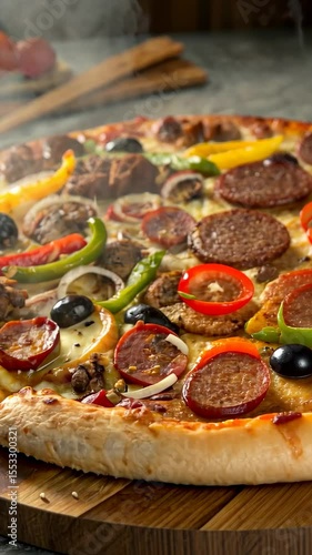 Freshly baked meat lovers pizza topped with sausage, pepperoni, bell peppers, olives, onions, and melted cheese on wooden board