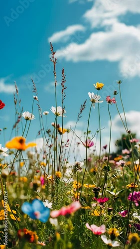 Wildflowers blooming in a vibrant meadow under a clear blue sky with fluffy clouds on a bright sunny day