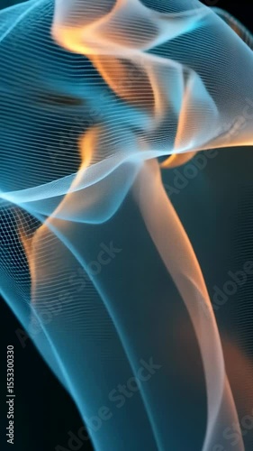 Abstract flowing wave forms in blue and orange creating a dynamic, ethereal effect with smooth curvature on a black backdrop
