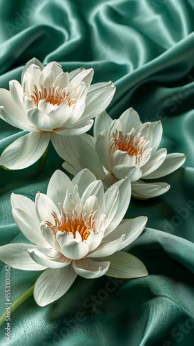 Elegant white lotus flowers blooming on soft green satin fabric with gentle lighting and delicate petal details