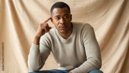 Thoughtful african male adult in casual attire posing indoors against beige fabric background