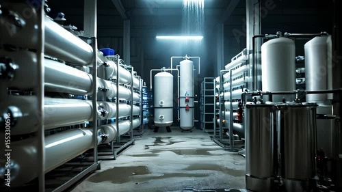 video of Several water softener filters are lined up in a row, part of a water treatment system for ecological purposes