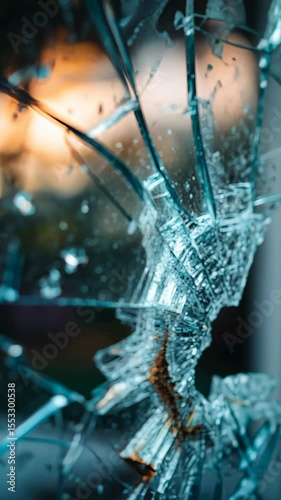 Close up view of shattered glass with sharp cracks and reflecting shards in dramatic lighting and blurred background at sunset