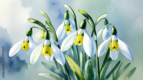 Watercolour video of snowdrops. First spring flowers concept