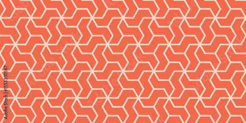 Modern seamless geometric pattern with interlocking hexagonal arrow shapes in coral and beige tones. Ideal for textiles, wallpapers, and digital backgrounds.